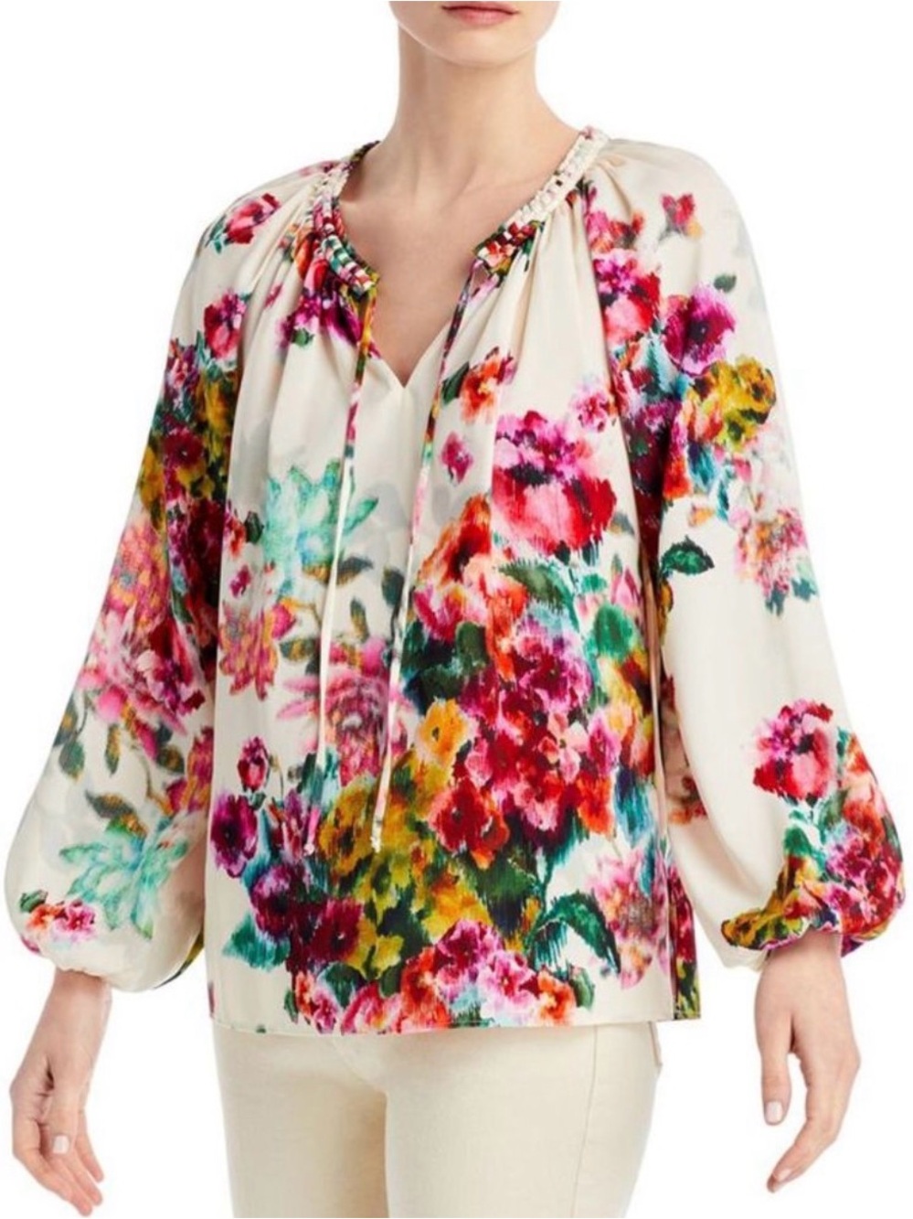 Kobi Halperin Priscilla Floral Blouse Ivory Multi Boho Balloon Sleeve NWT XL